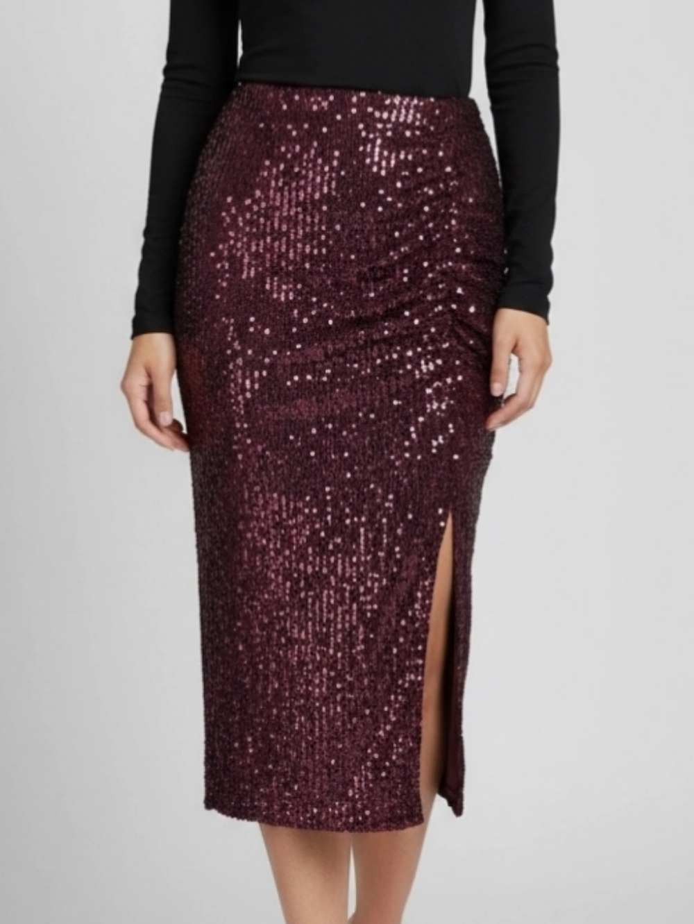 Wildfox Party Midi Maxi Skirt Sz M Purple Sequins Stretch Waist Ruch Front Slit